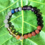 Seven Chakra Bracelet Resting on Sacred Fig Leaf